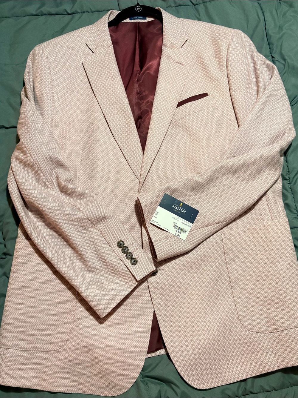 Stafford Light Pink Textured Notch Lapel Blazer with Burgundy Trim